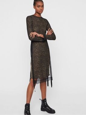 AllSaints Kiara Linleo Midi Dress Leopard Print Tulle Overlay Long Sleeve Size S